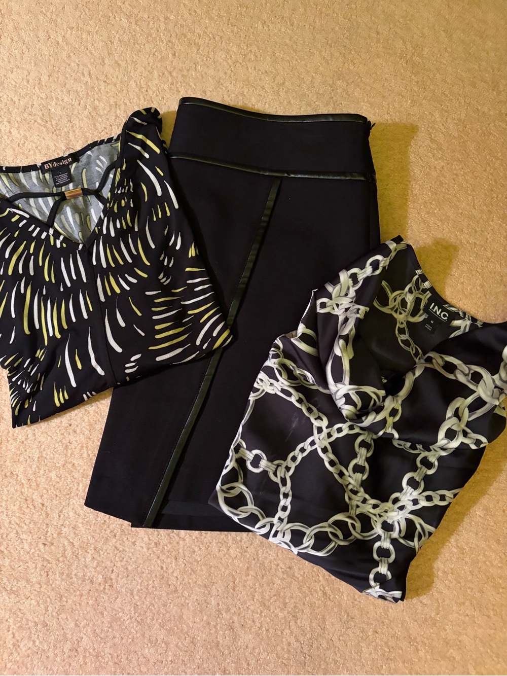 3-piece/Black Pencil leather trim Skirt with Two Black Patterned Blouses